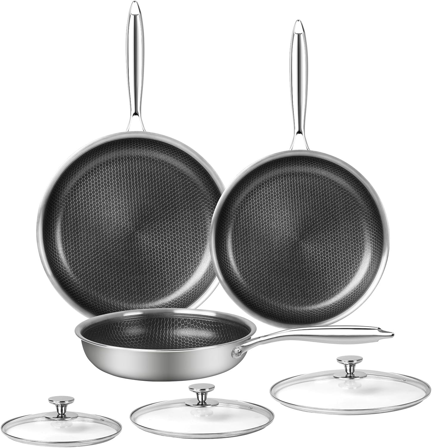 Innerwell 6 Piece Stainless Steel Frying Pan Set with Lids Cookware Set Nonstick Honeycomb Frying Pan Set 3pcs W/Stay Cool Handle Skillet Works Pan for Cooking with Induction Gas Stovetops