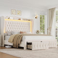 Queen Bed Frame 55' Tall Headboard with LED Lights, Buttons Tufted Velvet Upholstered Platform Bed Frame with 2 Storage Drawers, Wood Slats Support Mattress Foundation, No Box Spring Needed, Beige