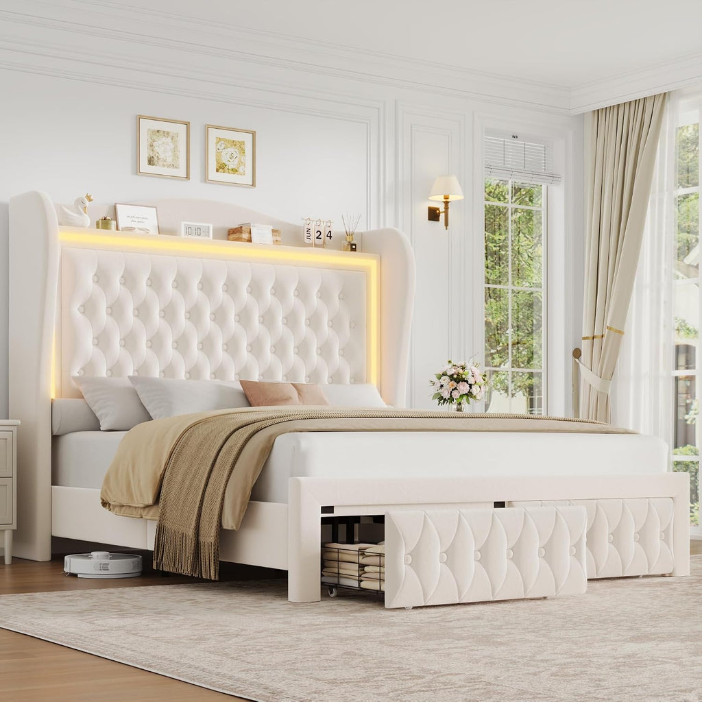 King Bed Frame 55' Tall Headboard with LED Lights, Buttons Tufted Velvet Upholstered Platform Bed Frame with 2 Storage Drawers, Wood Slats Support Mattress Foundation, No Box Spring Needed, Beige