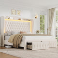 King Bed Frame 55' Tall Headboard with LED Lights, Buttons Tufted Velvet Upholstered Platform Bed Frame with 2 Storage Drawers, Wood Slats Support Mattress Foundation, No Box Spring Needed, Beige