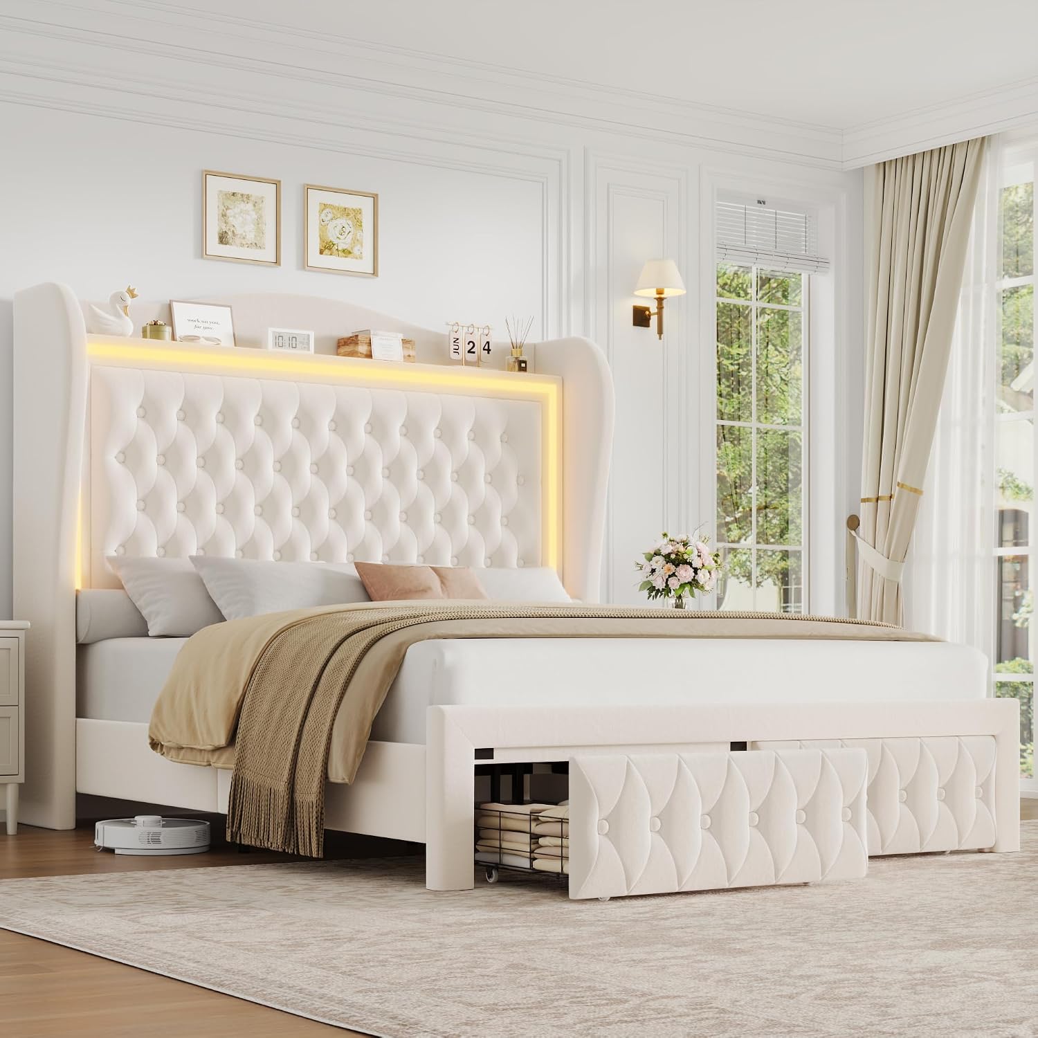 King Bed Frame 55' Tall Headboard with LED Lights, Buttons Tufted Velvet Upholstered Platform Bed Frame with 2 Storage Drawers, Wood Slats Support Mattress Foundation, No Box Spring Needed, Beige