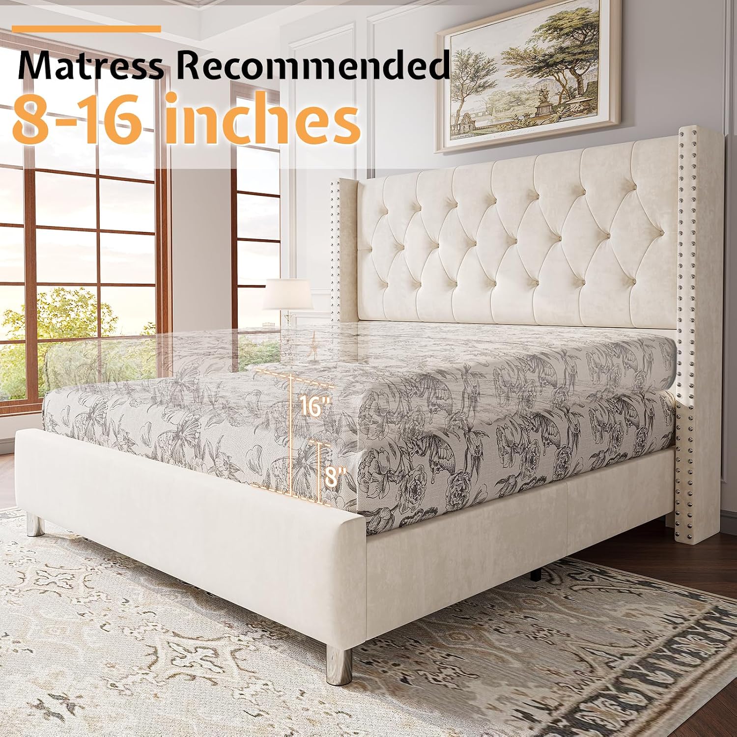Jocisland Bed Frame King Size Velvet Tufted Upholstered Bed Low Profile Platform Bed Raised Wingback Headboard/Wood Slats Support/No Box Spring Needed/Easy Assembly/Cream