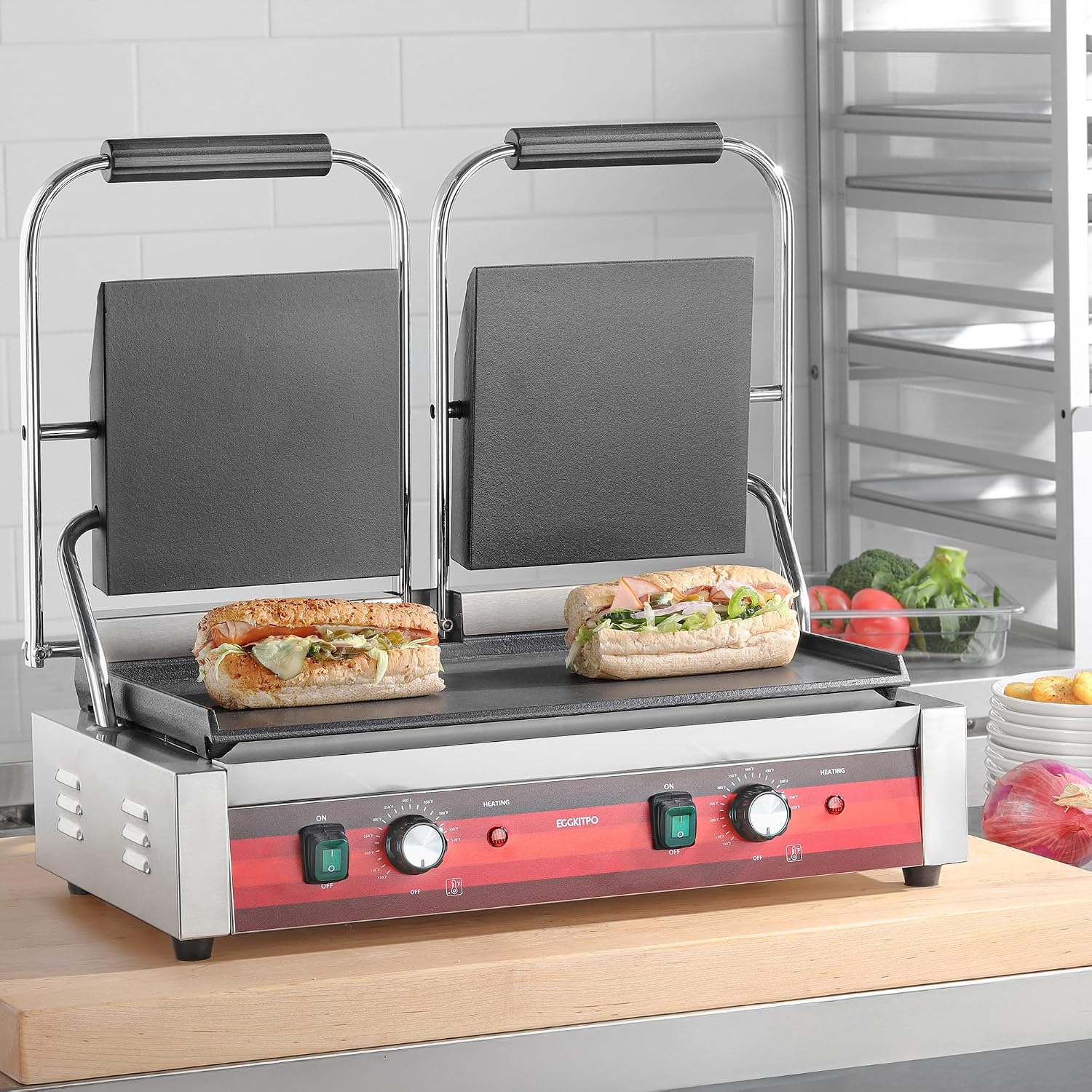EGGKITPO Commercial Dual Panini Press with 2 Flat Plates Electric Panini Grill with Temperature Control and Handle 19.5' ×9.4' Large Cast Iron Sandwich Maker for Kitchen Business 110V 3400W