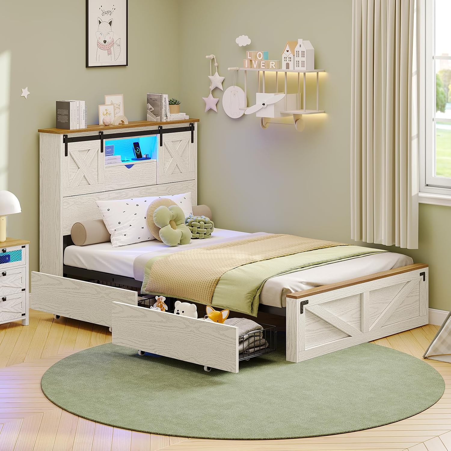 Hasuit Farmhouse Bed Frame Twin Size with 2 Storage Drawers, Wooden Platform Twin Bed with LED Lights and Charging Station, Rustic Accent Headboard with Sliding Barn Door Storage Cabinets