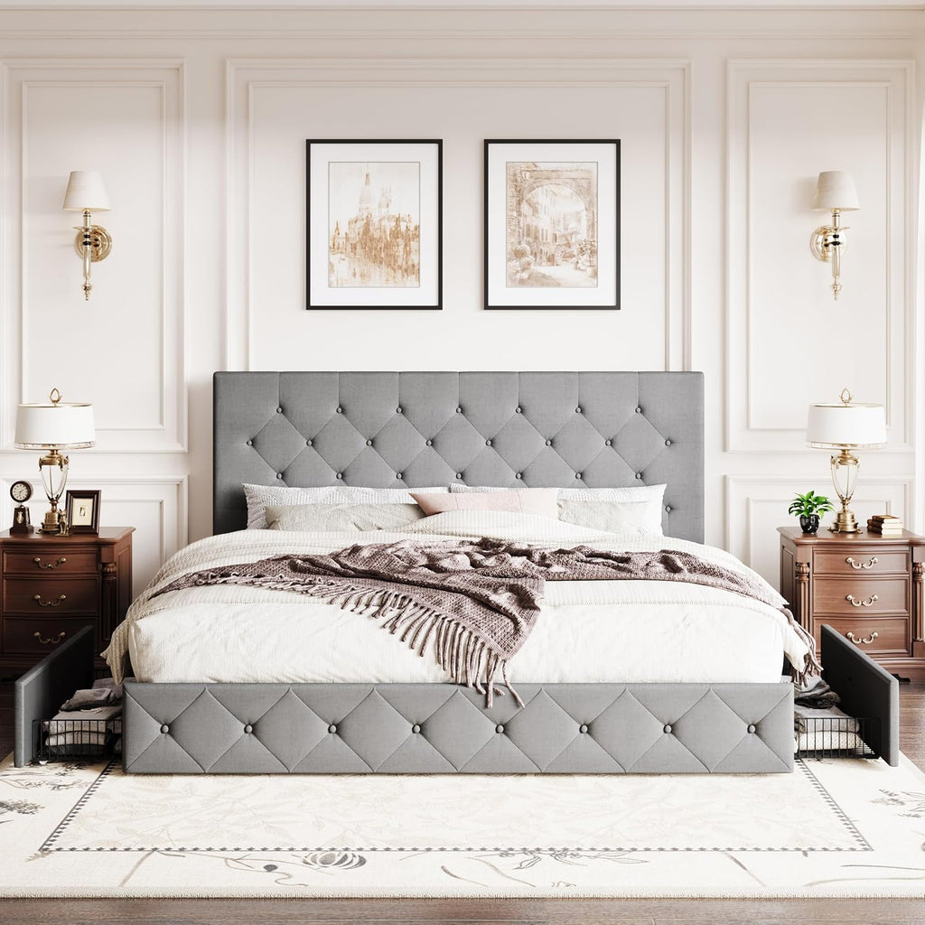 SHA CERLIN Upholstered King Size Platform Bed Frame with 4 Storage Drawers, Adjustable Headboard with Diamond Stitched Button Tufted Design, Wooden Slat Support, No Box Spring Needed, Light Grey