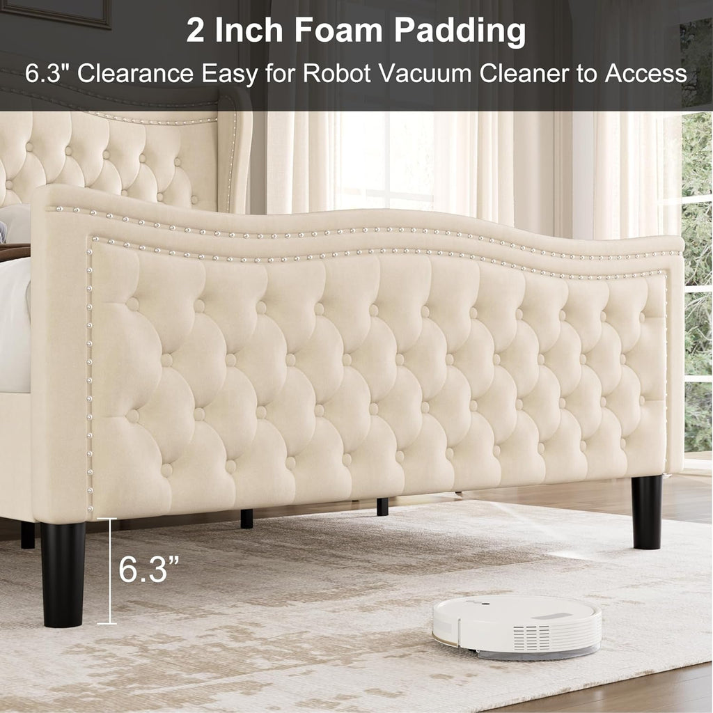 King Bed Frame with Tall Headboard & Footboard, Velvet Upholstered Platform Bed Frame with Deep Button Tufted Wingback, No Box Spring Needed, Noise Free, Beige