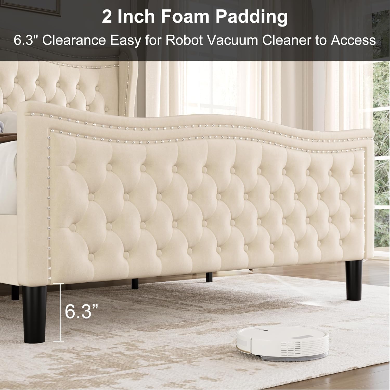 King Bed Frame with Tall Headboard & Footboard, Velvet Upholstered Platform Bed Frame with Deep Button Tufted Wingback, No Box Spring Needed, Noise Free, Beige