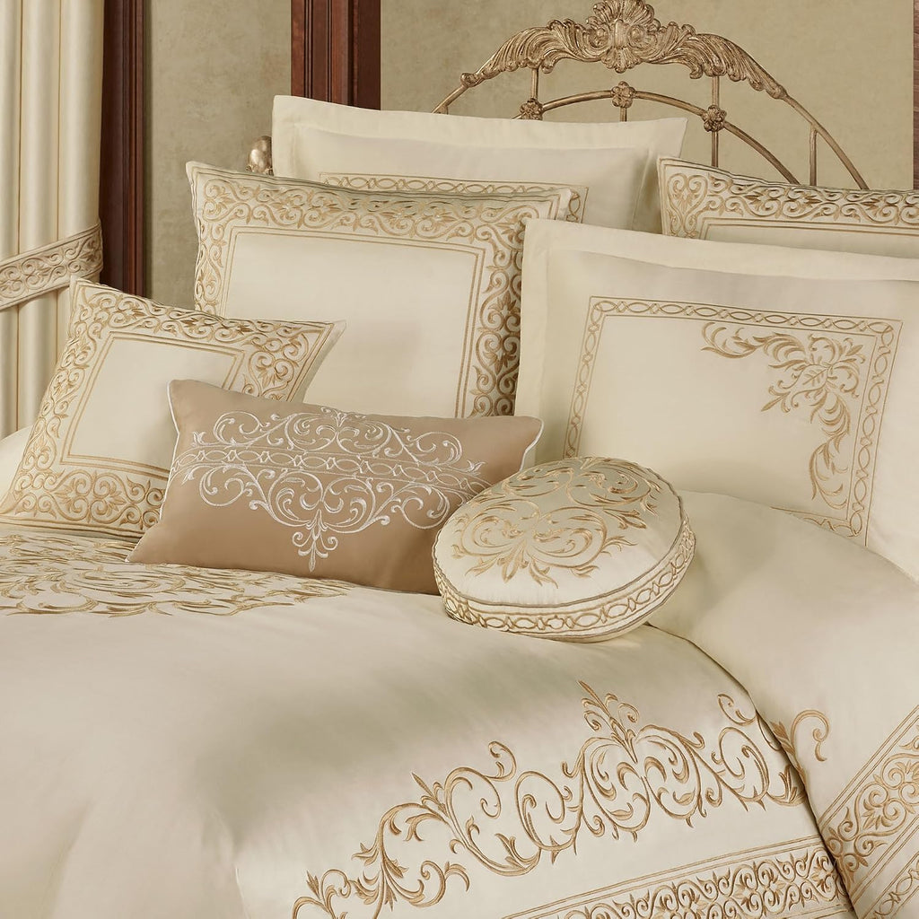 Versailles Luxury Bedding | Classic Neutral Pearl | Palace-Inspired French Style Golden Scrollwork Embroidery on Sateen | 7 Piece Set: Queen Comforter, Bedskirt, 2 Standard Shams & 3 Pillows
