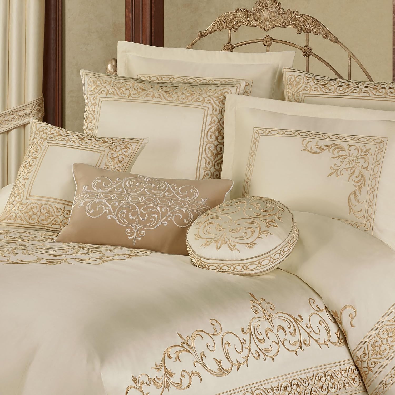 Versailles Luxury Bedding | Classic Neutral Pearl | Palace-Inspired French Style Golden Scrollwork Embroidery on Sateen | 7 Piece Set: Queen Comforter, Bedskirt, 2 Standard Shams & 3 Pillows
