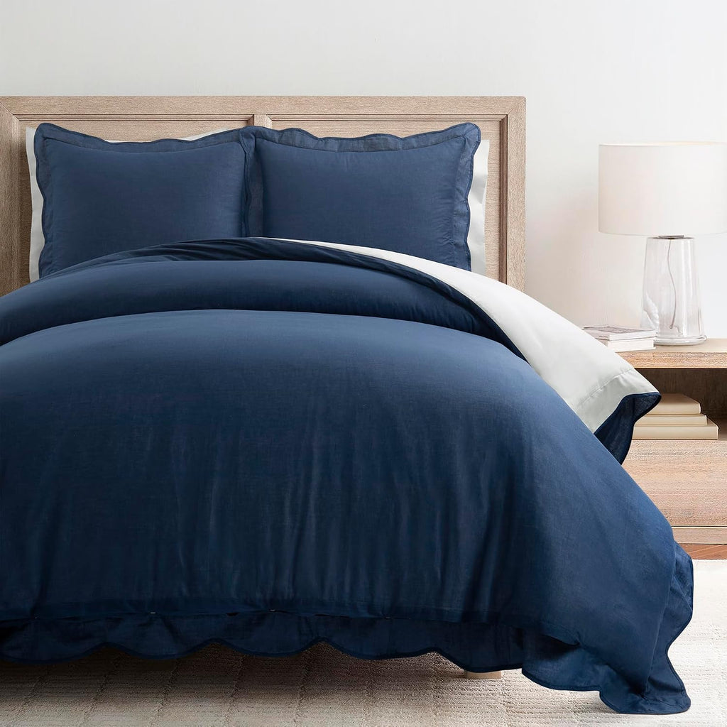 Lush Decor Coastal Chic Scalloped Edge Cotton Duvet Cover Set, 3 Piece Set, King, Navy & White - King Bedding Set - White Duvet Cover King - Coastal Decor