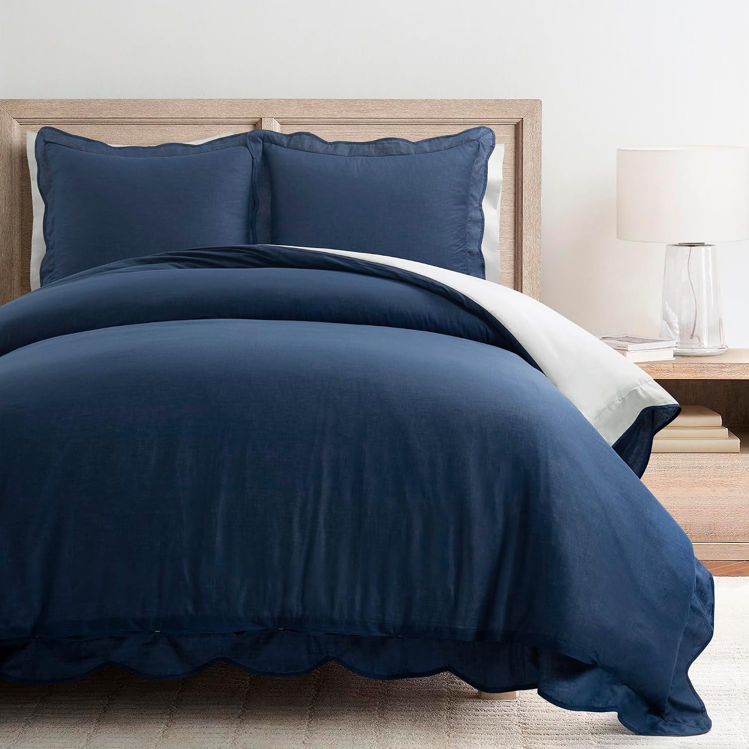 Lush Decor Coastal Chic Scalloped Edge Cotton Duvet Cover Set, 3 Piece Set, King, Navy & White - King Bedding Set - White Duvet Cover King - Coastal Decor