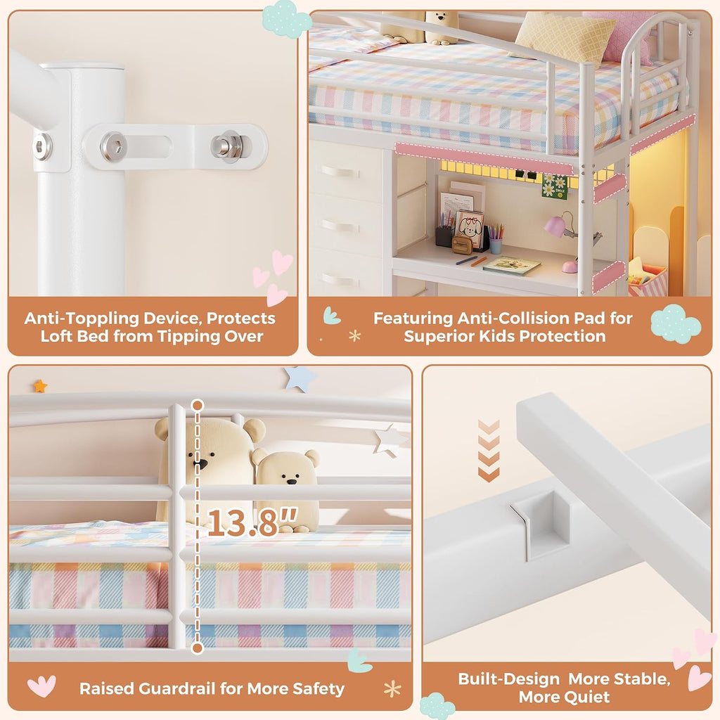 Low Loft Bed Twin Size with 7 Storage Drawers, Desk and LED Lights, Heavy Duty Metal Kids Loft Bed with 12' H Safety Guardrail, Anti-Collision Pad, Private Play Curtain, Under-Bed Play Space - White