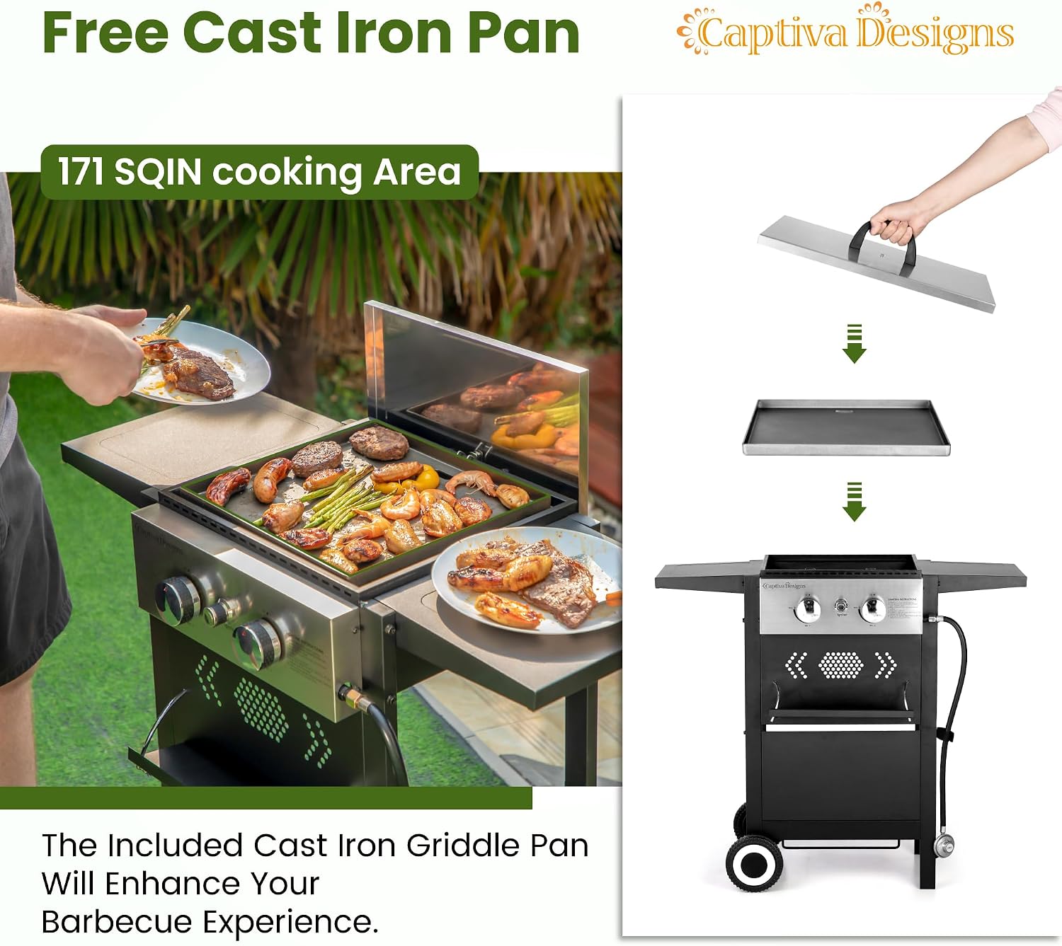 Captiva Designs 2-Burner Propane Gas BBQ Grill with Cast Iron Griddle Pan, 20,000 BTU Output Small Barbecue Grill for Outdoor, Patio, Backyard and Balcony