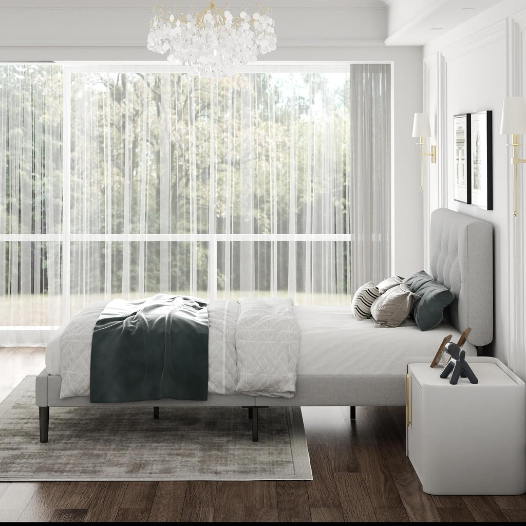 CXVX Twin Size Platform Bed Frame with Upholstered Headboard, Button Tufted Design, Strong Wooden Slats, No Box Spring Needed, Easy Assembly, Noise Free