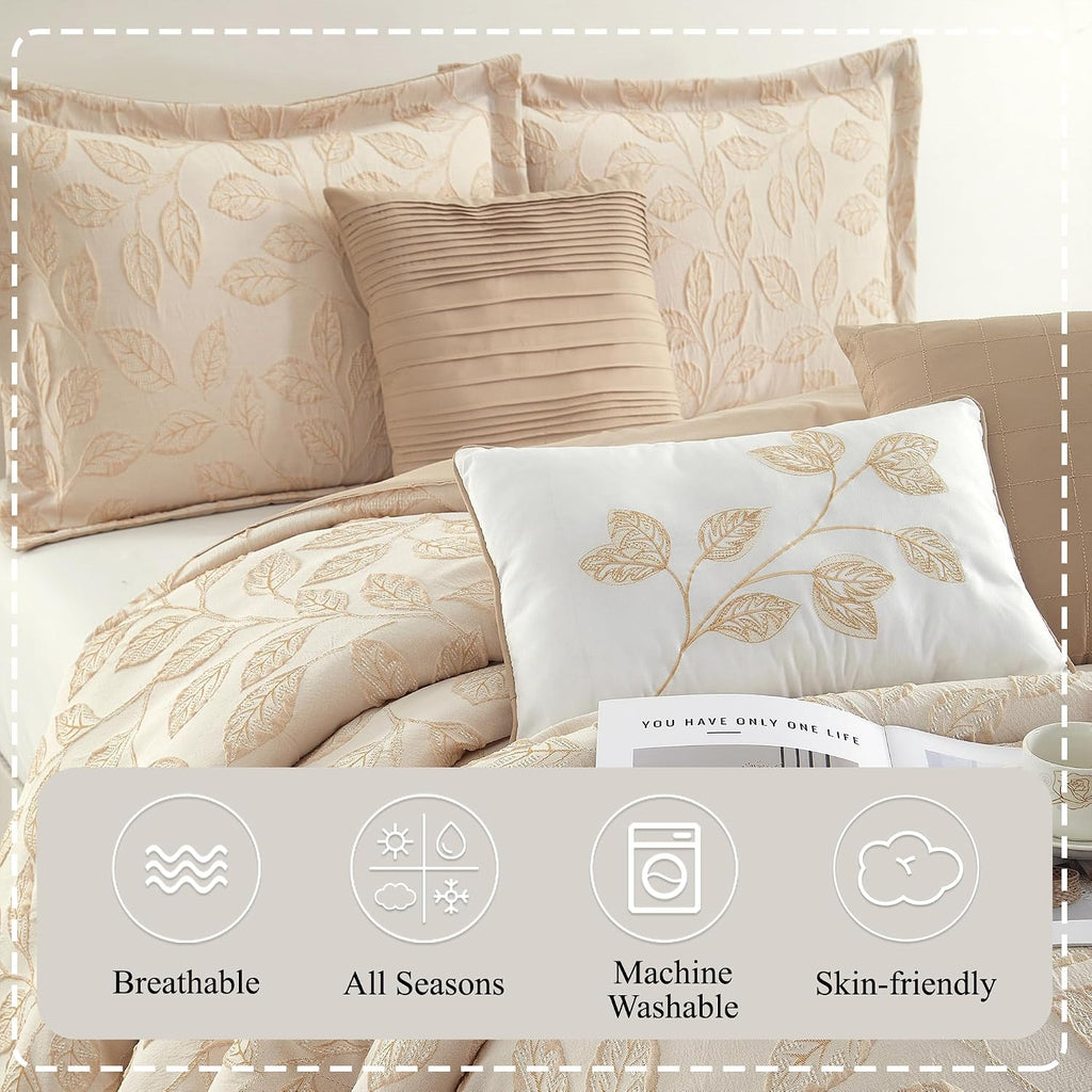 Stratford Park 3D Jacquard Leaves Polyester Comforter Set, 7 Piece Beige Gold Queen Size Bedding Set, All Season Bedding, Matching Pillows, Shams, Bed Skirt
