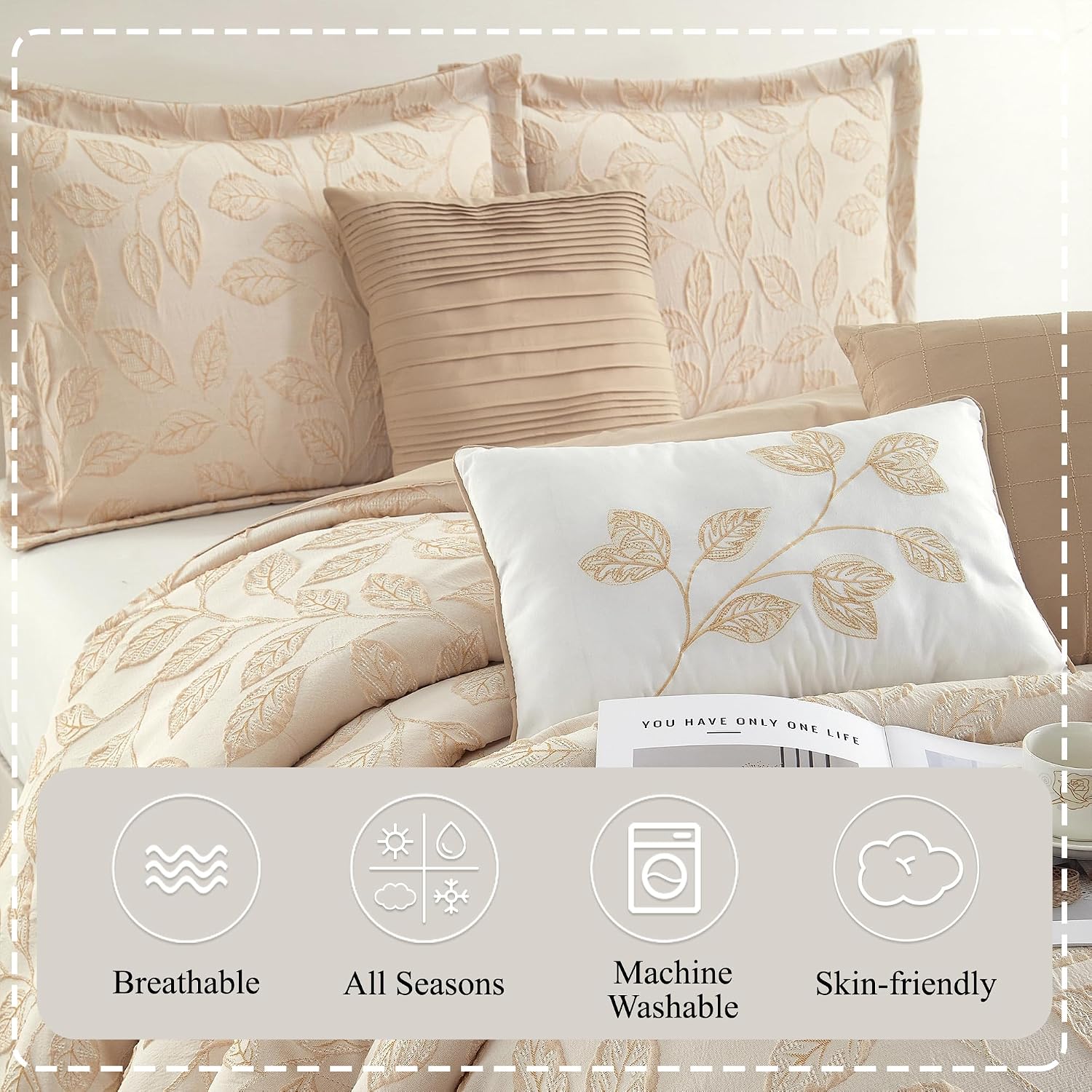 Stratford Park 3D Jacquard Leaves Polyester Comforter Set, 7 Piece Beige Gold Queen Size Bedding Set, All Season Bedding, Matching Pillows, Shams, Bed Skirt
