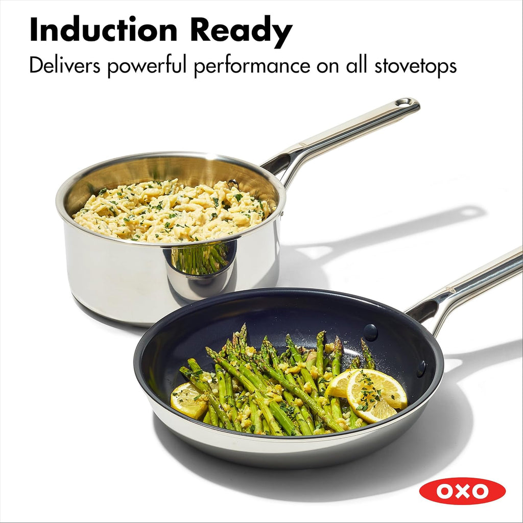 OXO 13 Piece Stainless Steel Cookware Set, Tri-Ply Multiclad Pots & Pans, PFAS-Free Ceramic Nonstick Coated Frying Pans, Induction Compatible, Dishwasher & Oven Safe, Sauce, Stock, Saute, Silver