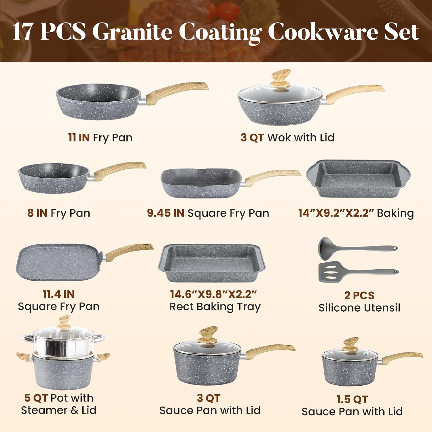 Kitchen Academy Granite Pots and Pans Set Non Stick - 17 Piece Nonstick Cookware Set, Induction Gray Cooking Pans Set, PFOA & PFOS Free.