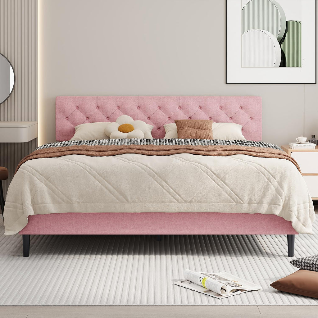 BarnFurin King Size Platform Bed Frame, Fabric Upholstered Bed with Button Tufted Headboard, Adjustable Headboard Design, Easy Assembly, No Box Spring Required, Pink