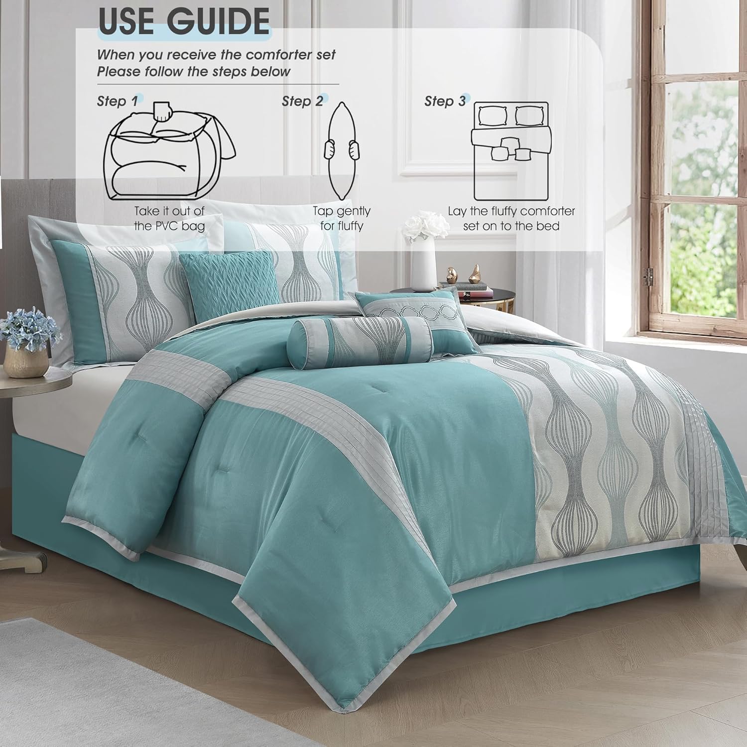 LANCO MODERN LIFESTYLE King Comforter Set, Blue, 7 Pieces in a Bag, Ultra Soft Jacquard with Solid Piecework, Luxury Bed Set with Comforters, Bed Skirt, Pillow Shams and Decorative Pillows