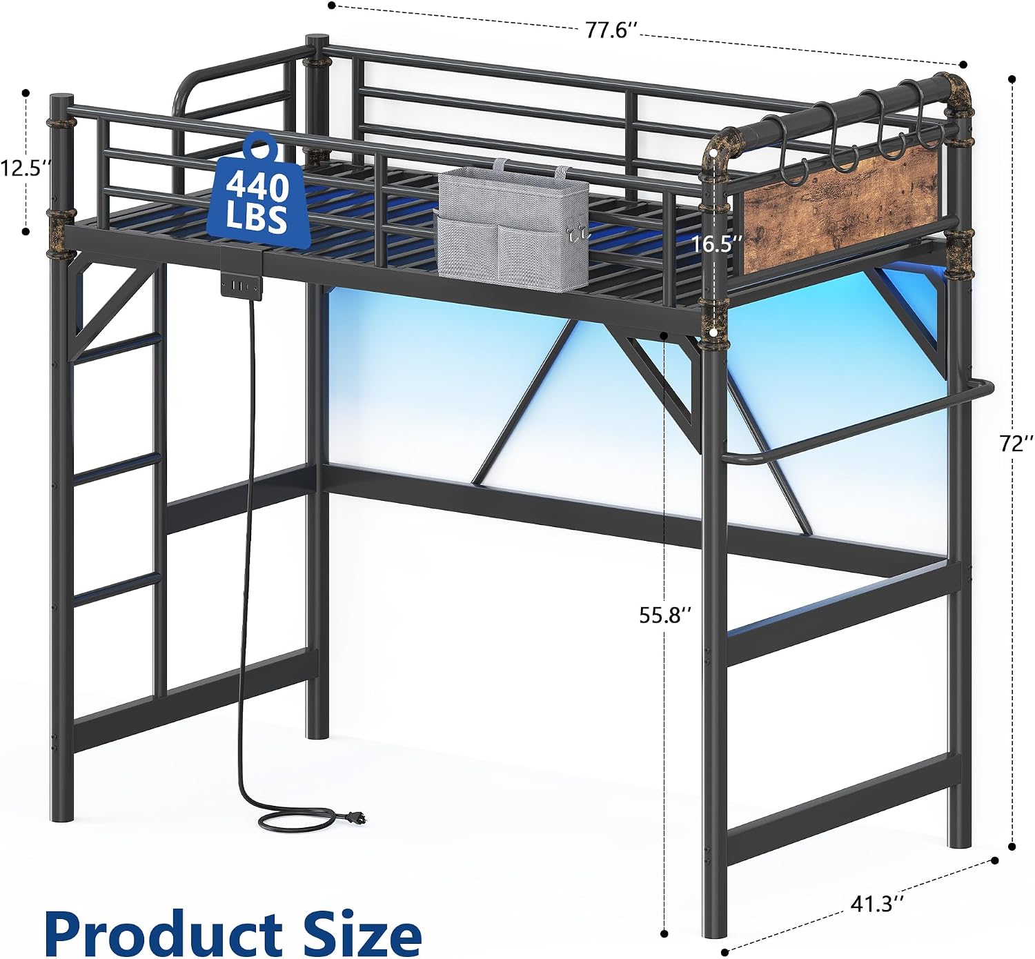 Twin Size Loft Bed with LED Lights and Charging Station, Industrial Heavy Duty Metal Loft Bed Frame with Ladder and Guardrail for Kids Adults, Small Space Saving Design for Bedroom Dorm, Vintage Brown