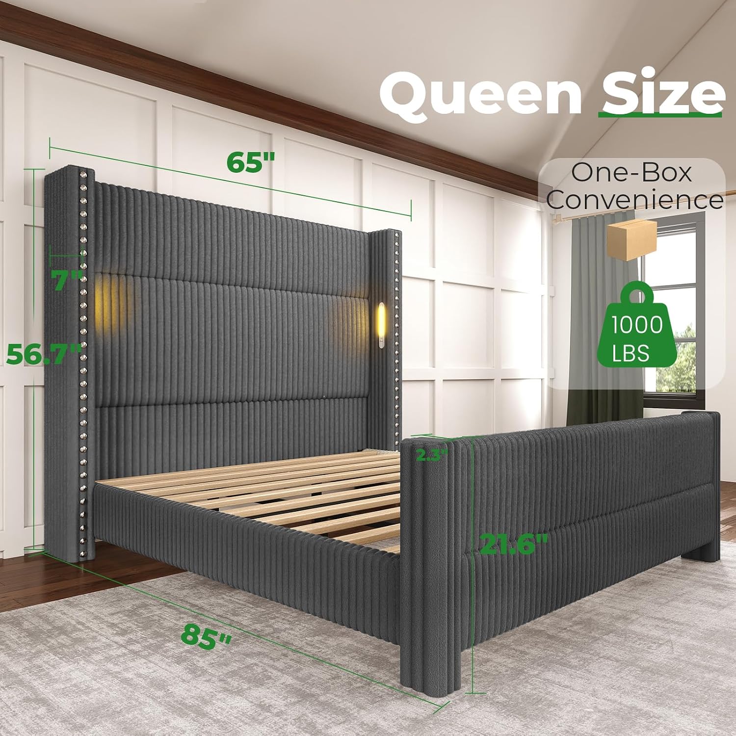 Queen Bed Frame with 56.7' Tall Wingback Headboard & Reading Lights, Corduroy Upholstered Platform Bed and Charging Station, Modern Luxury Design, Noise Free, No Box Spring Needed, Grey