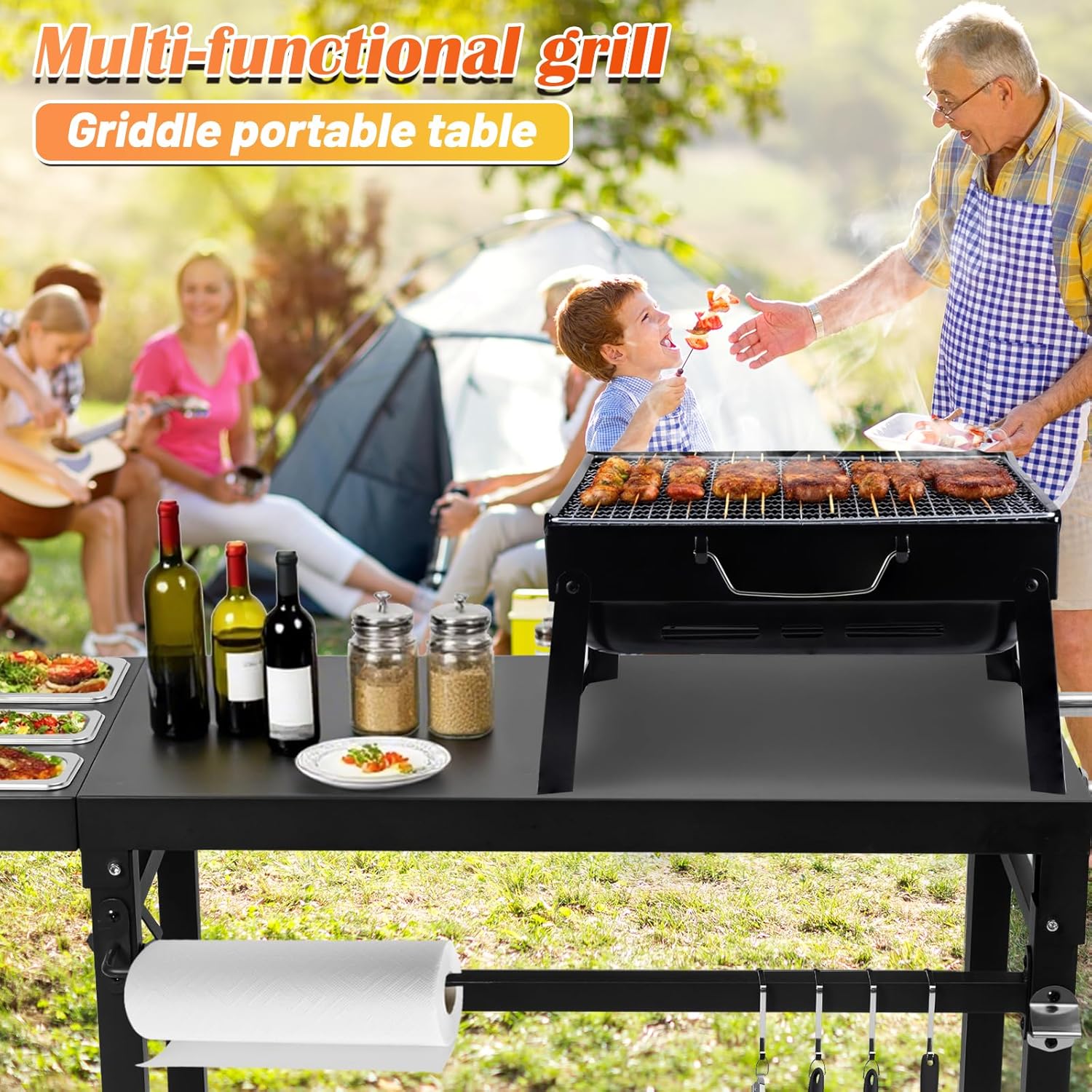 Black Cast Iron 2-Shelf Grill Cart with Wheels,Heavy Duty Pizza Oven Stand for Blackstone Ninja,Outdoor Cooking Station with Durable Tabletop