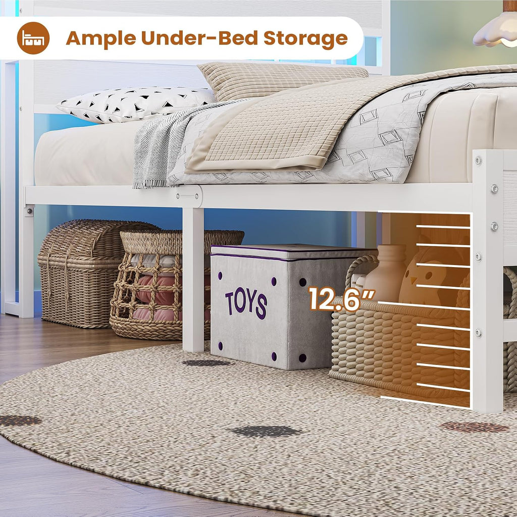 BTHFST Twin Bed Frames with Headboard & Charging Station, LED Bed Frame Twin with 5 Storage Shelves & 2 Fabric Drawers, Platform Bed Frames for Kids, No Box Spring Needed, White