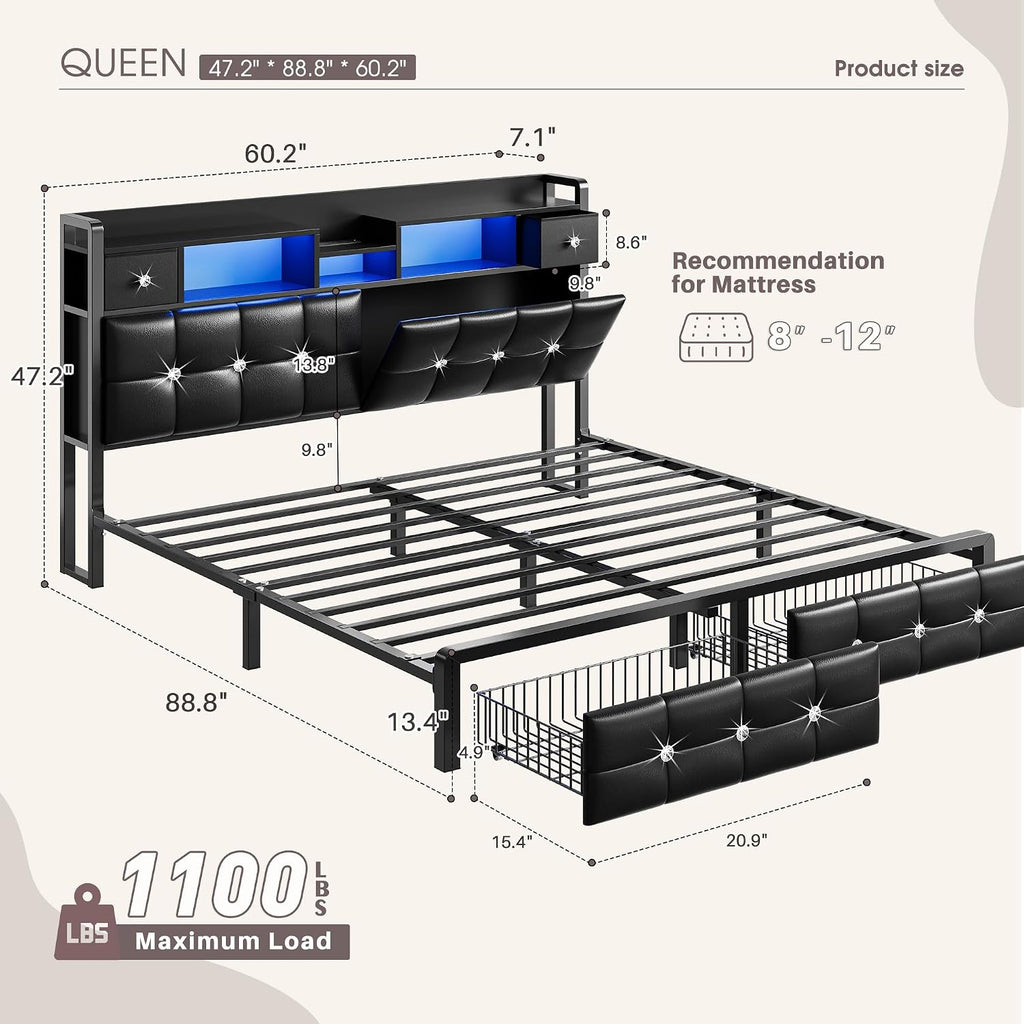Homkdom Queen Bed Frame with Hidden Storage Headboard & 4 Drawers,Diamond-Tufted Upholstered Leather Platform Bed Frame Queen Size with LED Lights & Charging Station,No Box Spring Needed,Modern Black