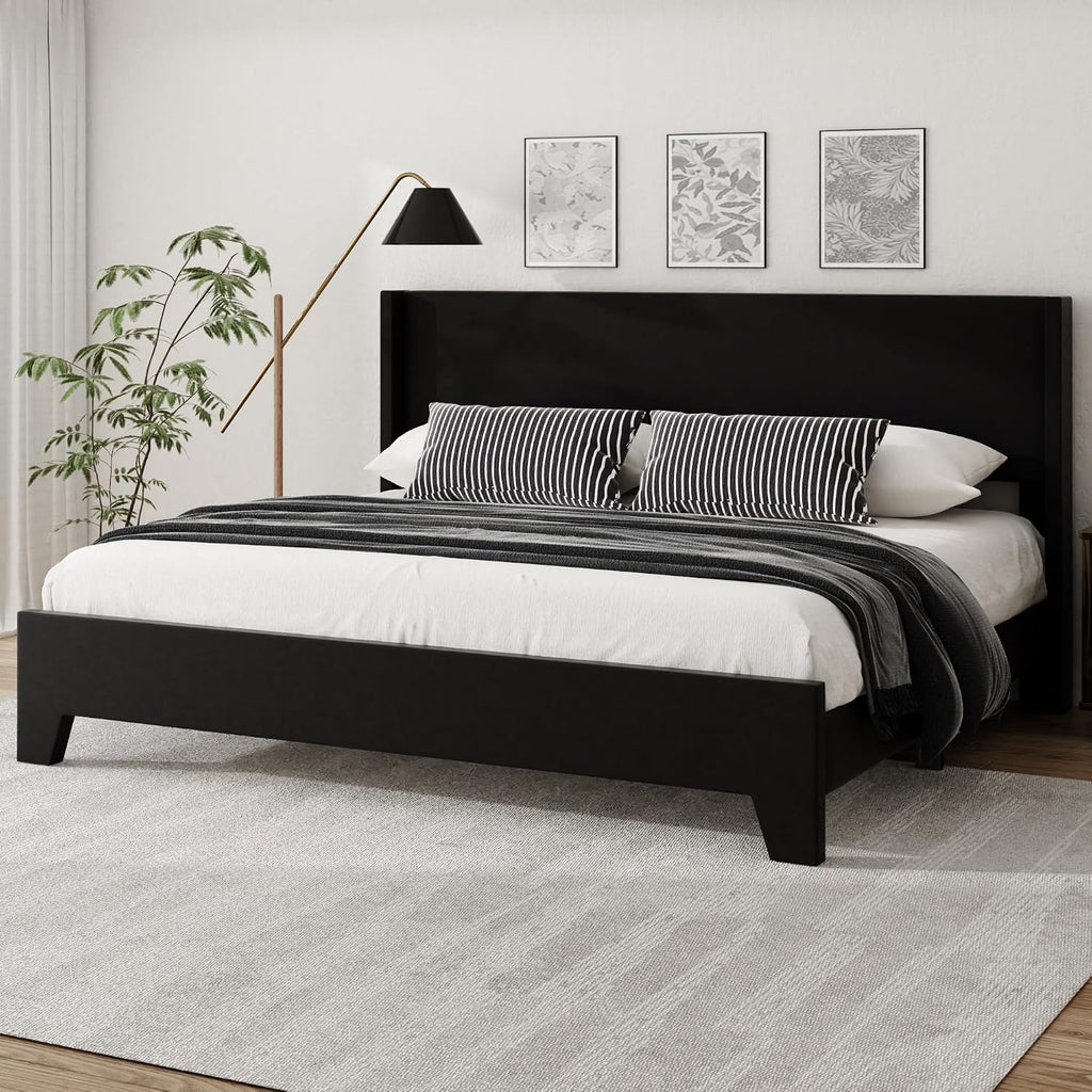 King Bed Frame with Faux Leather Upholstered Headboard, Wear-Resistant, Easy Clean, Mattress Foundation, No Box Spring Required, Easy Assembly, Black