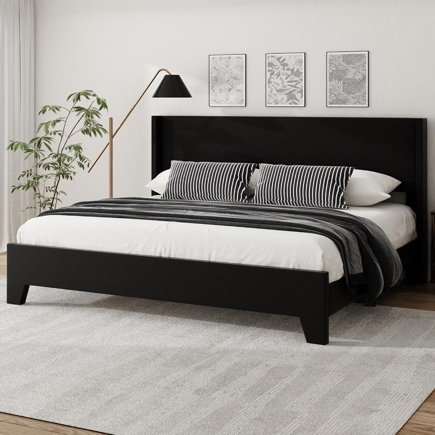 King Bed Frame with Faux Leather Upholstered Headboard, Wear-Resistant, Easy Clean, Mattress Foundation, No Box Spring Required, Easy Assembly, Black