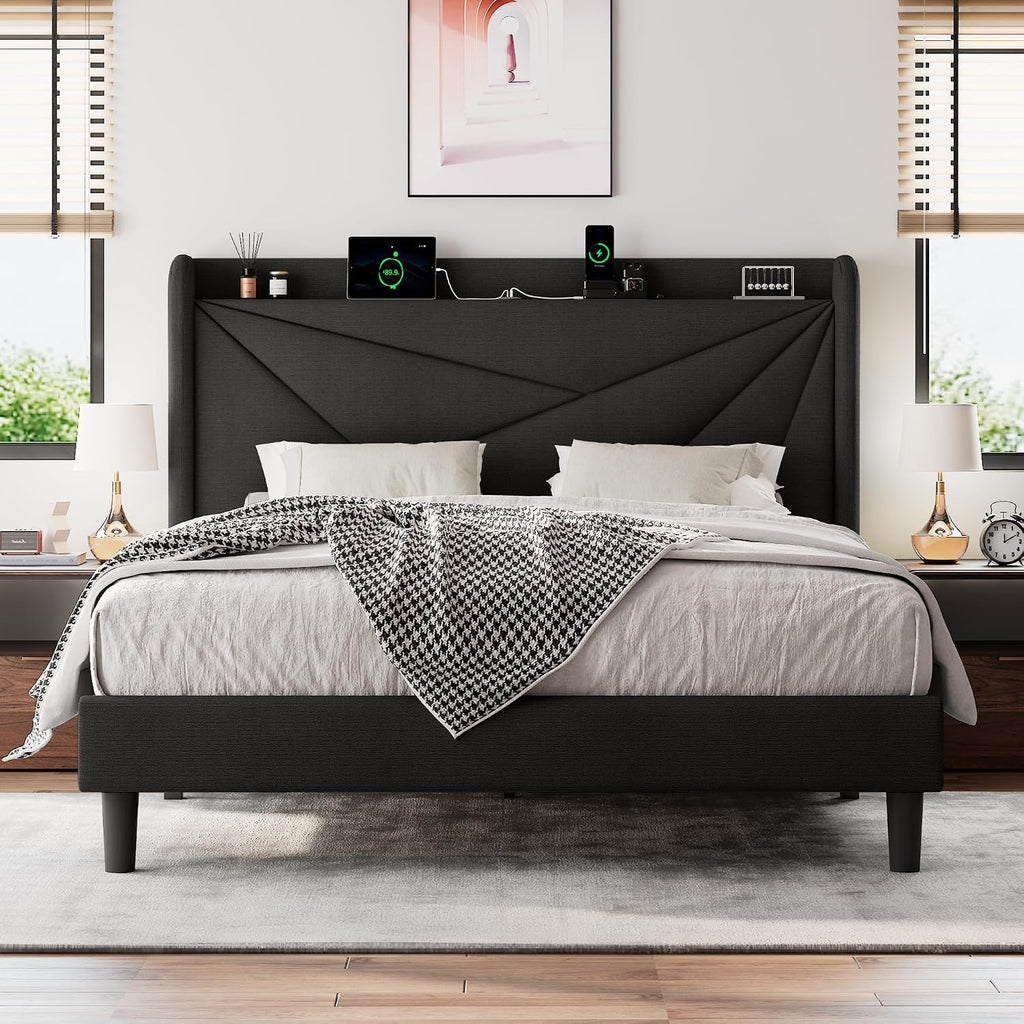 Einhomn Full Size Upholstered Bed Frame with Charging Station, Platform Bed Frame with Storage Headboard, Solid Wood Slats Support, No Box Spring Needed,Black