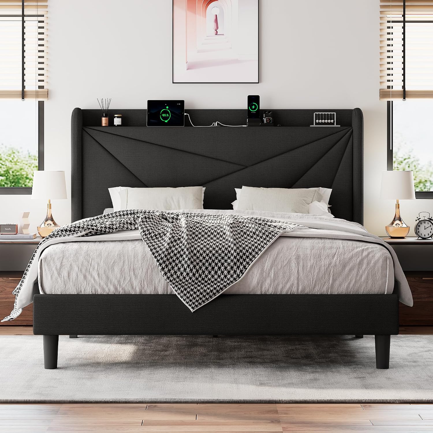 Einhomn Full Size Upholstered Bed Frame with Charging Station, Platform Bed Frame with Storage Headboard, Solid Wood Slats Support, No Box Spring Needed,Black