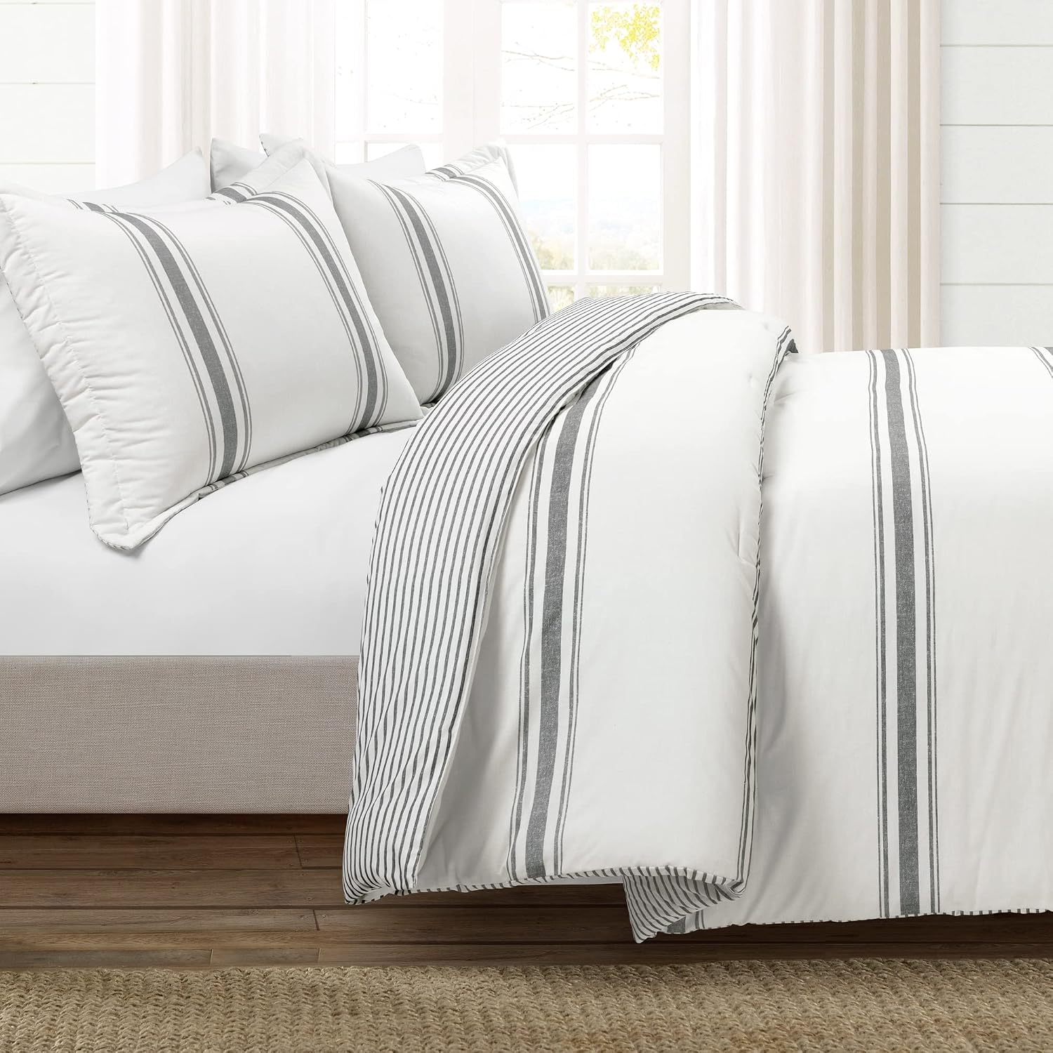 Lush Decor Farmhouse Stripe Reversible Cotton Comforter Set - 3 Piece Cozy Pinstripe Bedding Set - Classic Modern Rustic Charm Bedroom Decor - King, Dark Gray