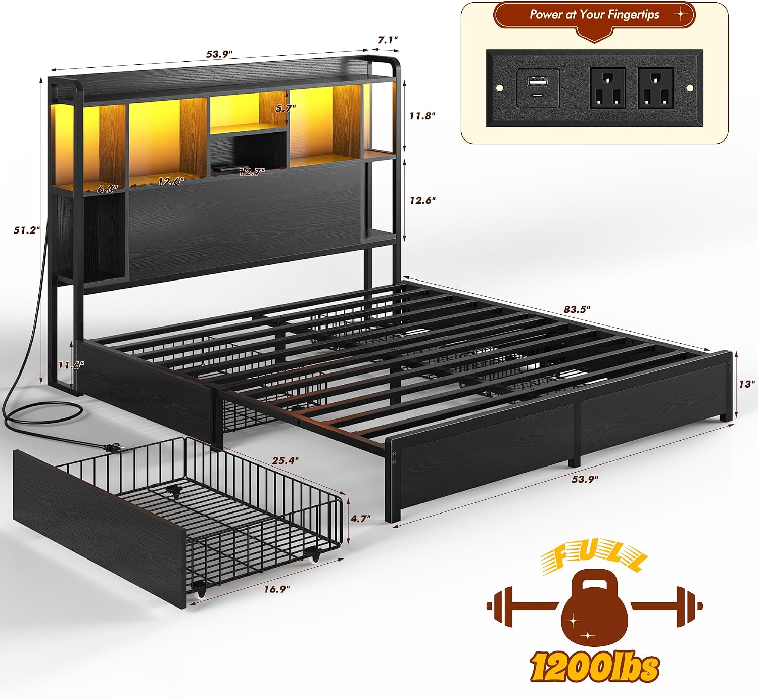 Homkdom Full Size Bed Frame with Storage Headboard & 4 Large Drawers Bed Frame Full Size with 51' Tall Headboard 9 Compartments Led Lights & Charging Station,No Box Spring Needed, No Noise,Black