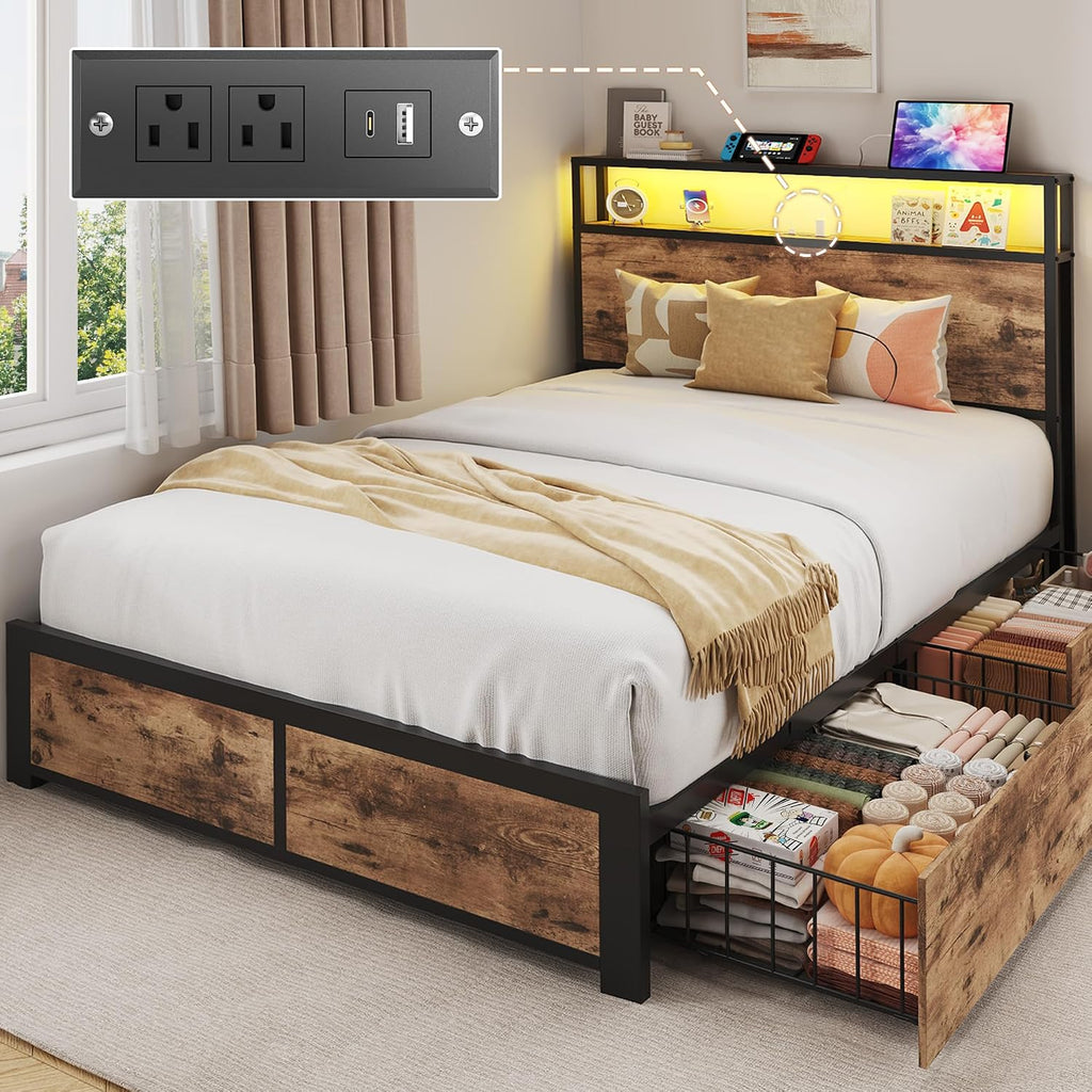PHGLL Twin Bed Frame with 2-Tier Storage Headboard, Twin Size Metal Bed Frame with 2 Storage Drawers, 3-in-1 Charging Station & RGB LED, Noise-Free/Metal Support/No Box Spring Needed, Rustic Brown