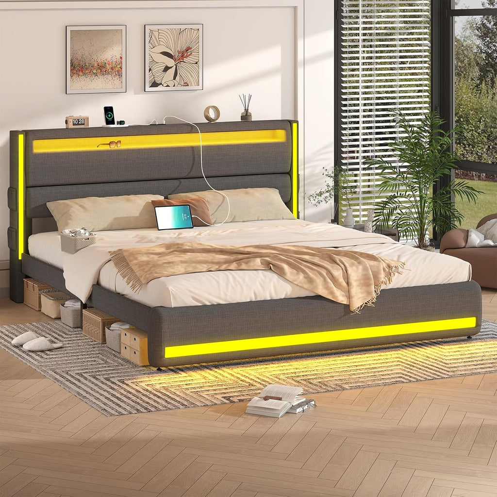 King Size Bed Frame and Adjustable Headboard, Light up King Size Platform Bed Frame with Type-C & USB Charging Station, LED Upholstered Metal Bed Frame King Size, No Box Spring Needed, Dark Grey