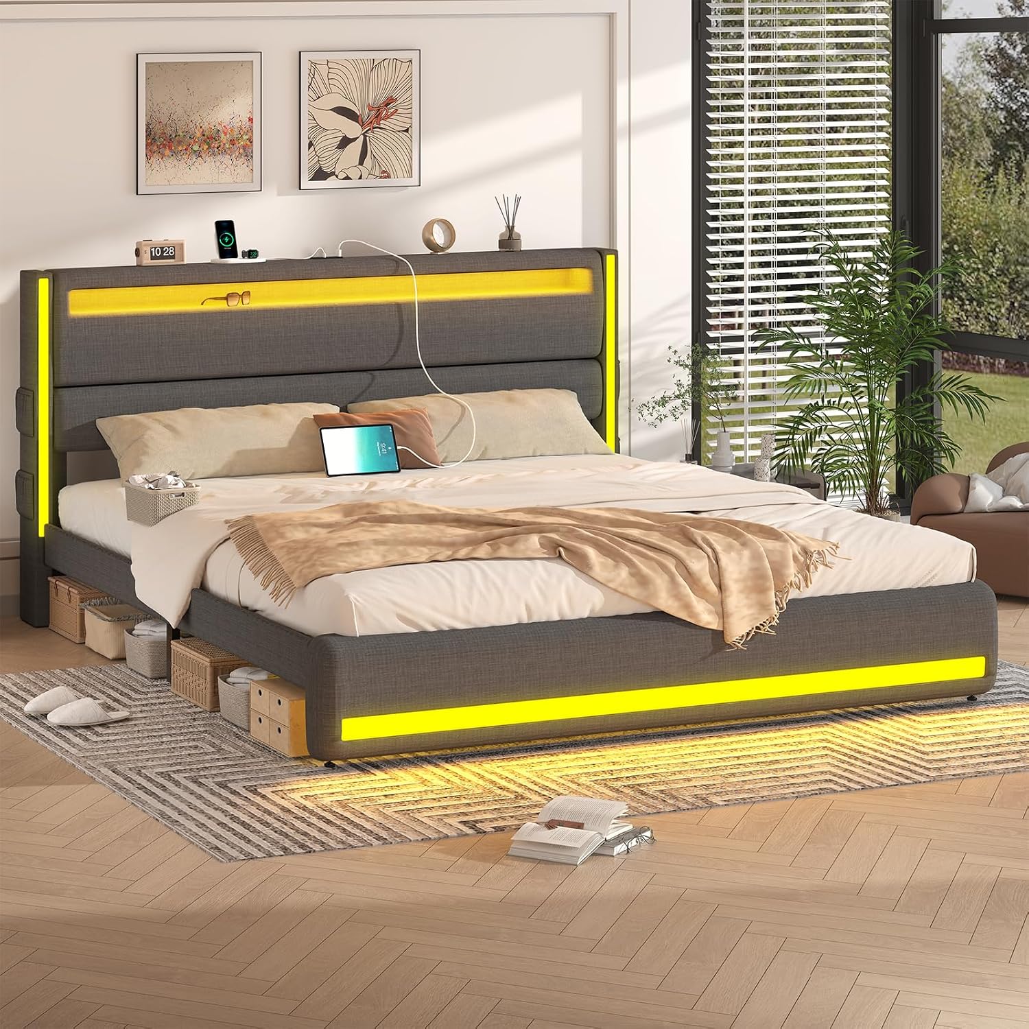 King Size Bed Frame and Adjustable Headboard, Light up King Size Platform Bed Frame with Type-C & USB Charging Station, LED Upholstered Metal Bed Frame King Size, No Box Spring Needed, Dark Grey