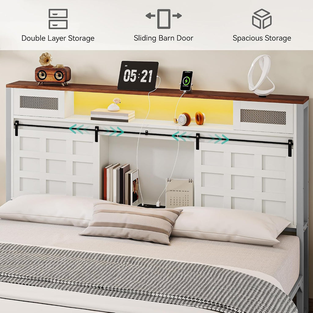 YITAHOME King Size Bed Frame Farmhouse with 49.14' Tall Storage Headboard, Charging Station & Led Light, Sliding Barn Door, Wooden Platform Bed Frame, Metal Slats Support, No Box Spring Needed, White