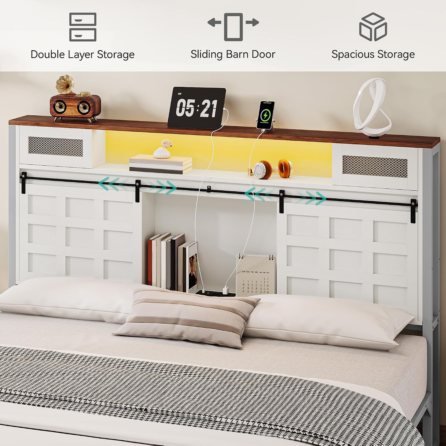YITAHOME King Size Bed Frame Farmhouse with 49.14' Tall Storage Headboard, Charging Station & Led Light, Sliding Barn Door, Wooden Platform Bed Frame, Metal Slats Support, No Box Spring Needed, White