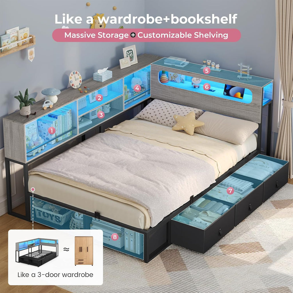 ADORNEVE Twin Corner Bed Frame with Bookcase Storage & LED Light Headboard, Charging Station, Metal Daybed with 3 Drawers & 2 Open Cubbies, for Small Bedrooms, Black & Oak Grey