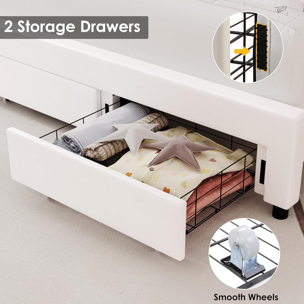 Keyluv Full Upholstered LED Bed Frame with Storage Drawer, Leather Princess Platform Bed with Adjustable Crystal Button Tufted Crown Headboard, Solid Wooden Slats Support, No Box Spring Needed, White