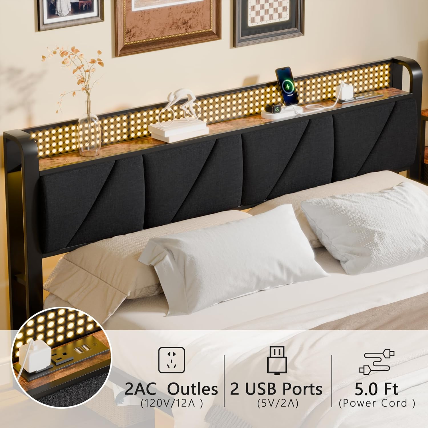 Furnulem King Size Bed Frame with Headboard, LED Light and Charging Station, Metal Platform Bed with Heavy Duty Slats, No Box Spring Needed, Noise Free & Easy Assembly