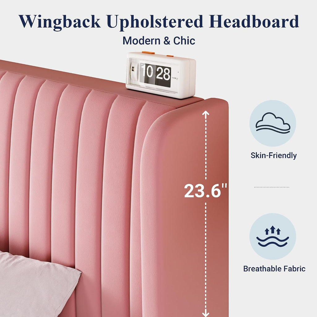 Allewie Queen Size Velvet Bed Frame/Vertical Channel Tufted Wingback Headboard/Upholstered Platform Bed/Strong Wooden Slats/No Box Spring Needed/Easy Assembly/Pink