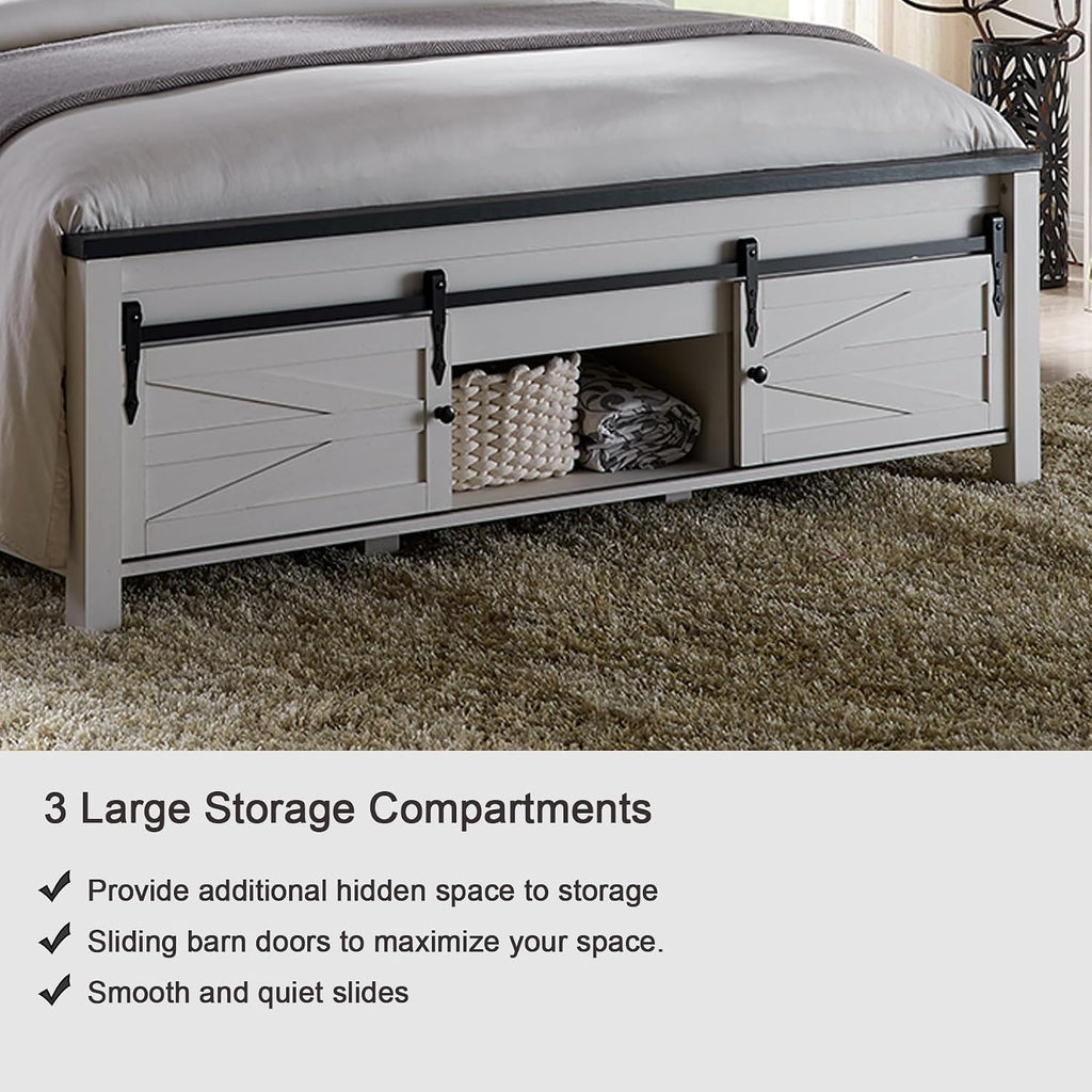JXQTLINGMU Farmhouse Queen Size Bed Frame with 47' Tall Headboard, Wood Queen Bed Frame with Storage Cabinet, Solid Wood Slats Support, Noiseless, No Box Spring Needed (Antique White)