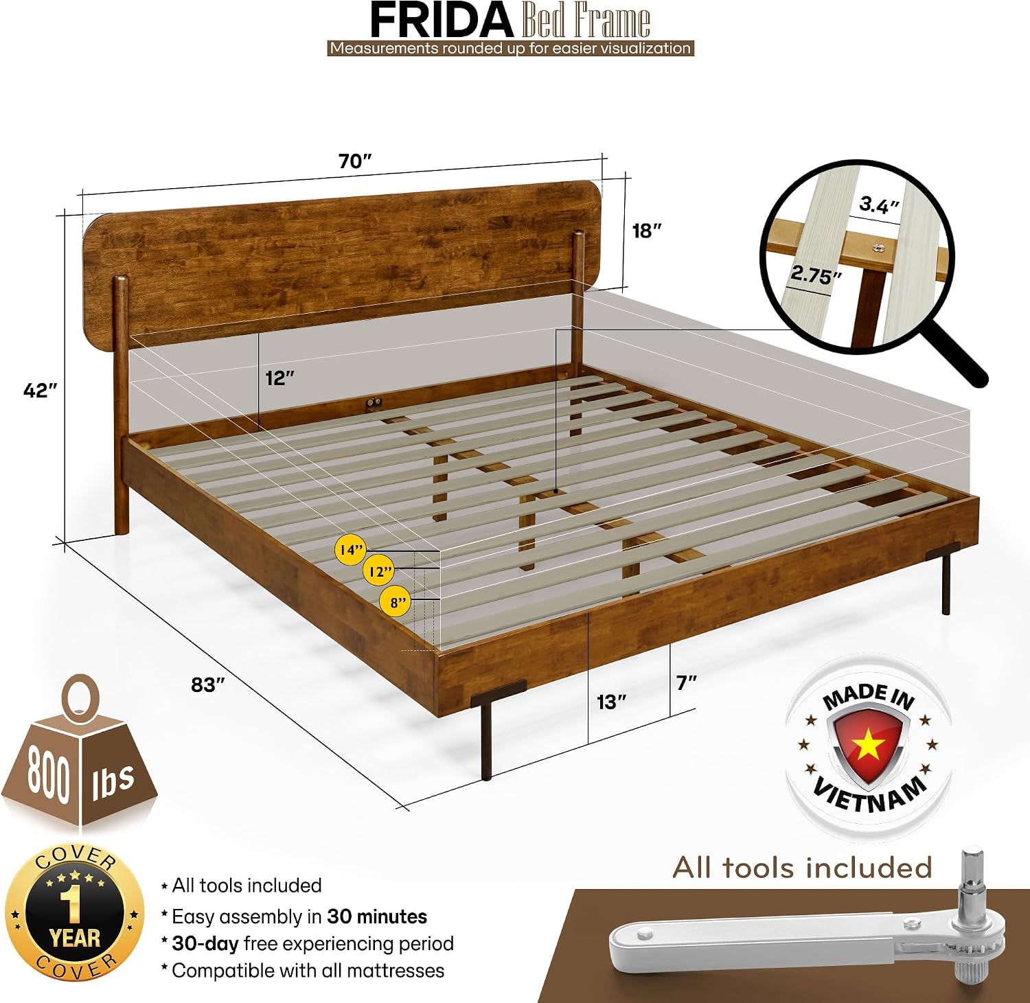 Acacia Frida Queen Bed Frame with Headboard Solid Wood Platform Bed, Tall Headboard Natural Wood Bed Compatible with All Mattress Types, No Box Spring Needed Quick & Easy Assembly, Caramel