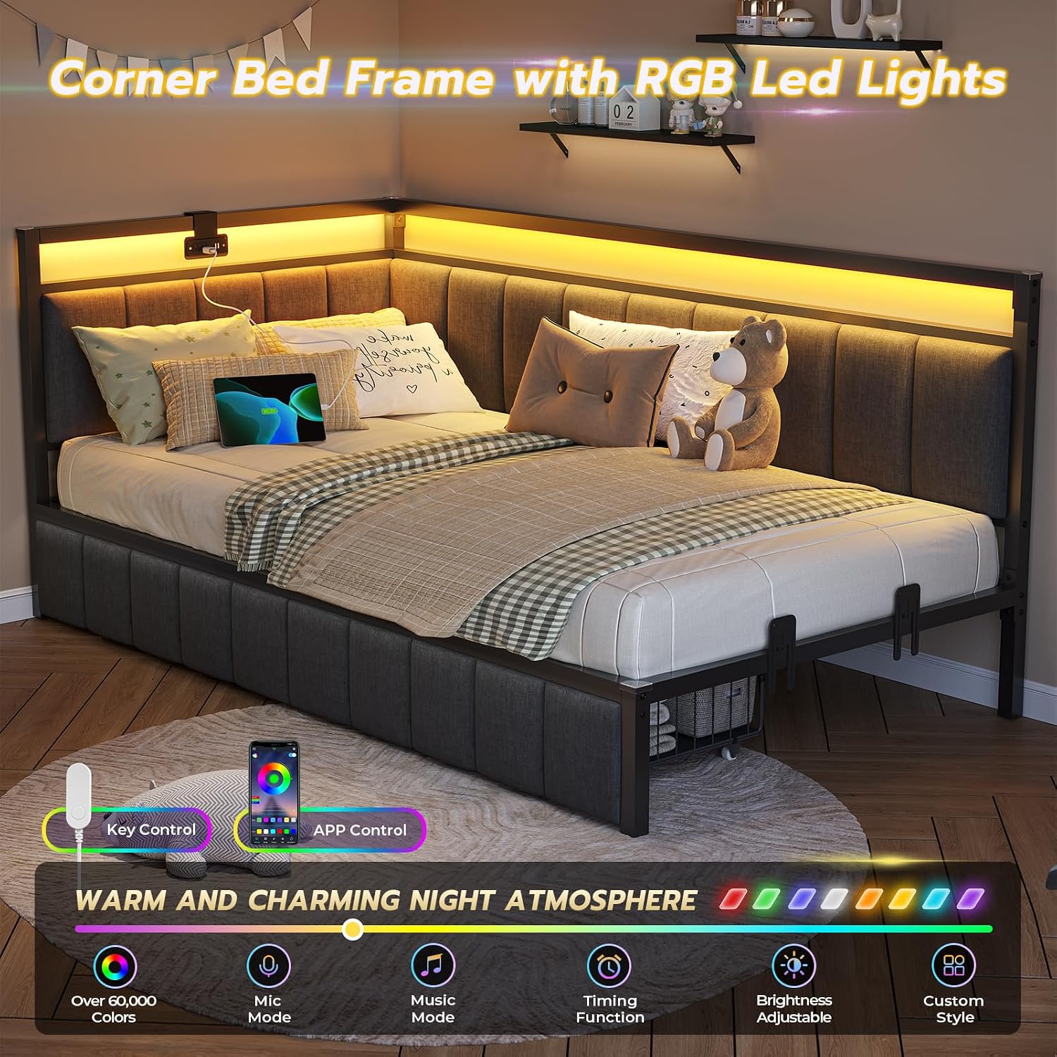 DICTAC Corner Bed Frame with 2 Storage Drawers and Charging Station Twin XL Metal Platform Bed Frame with Led Lights and Upholstered Guardrail Twin XL Daybed for Kids/Teen,No Box Spring Needed,Gray