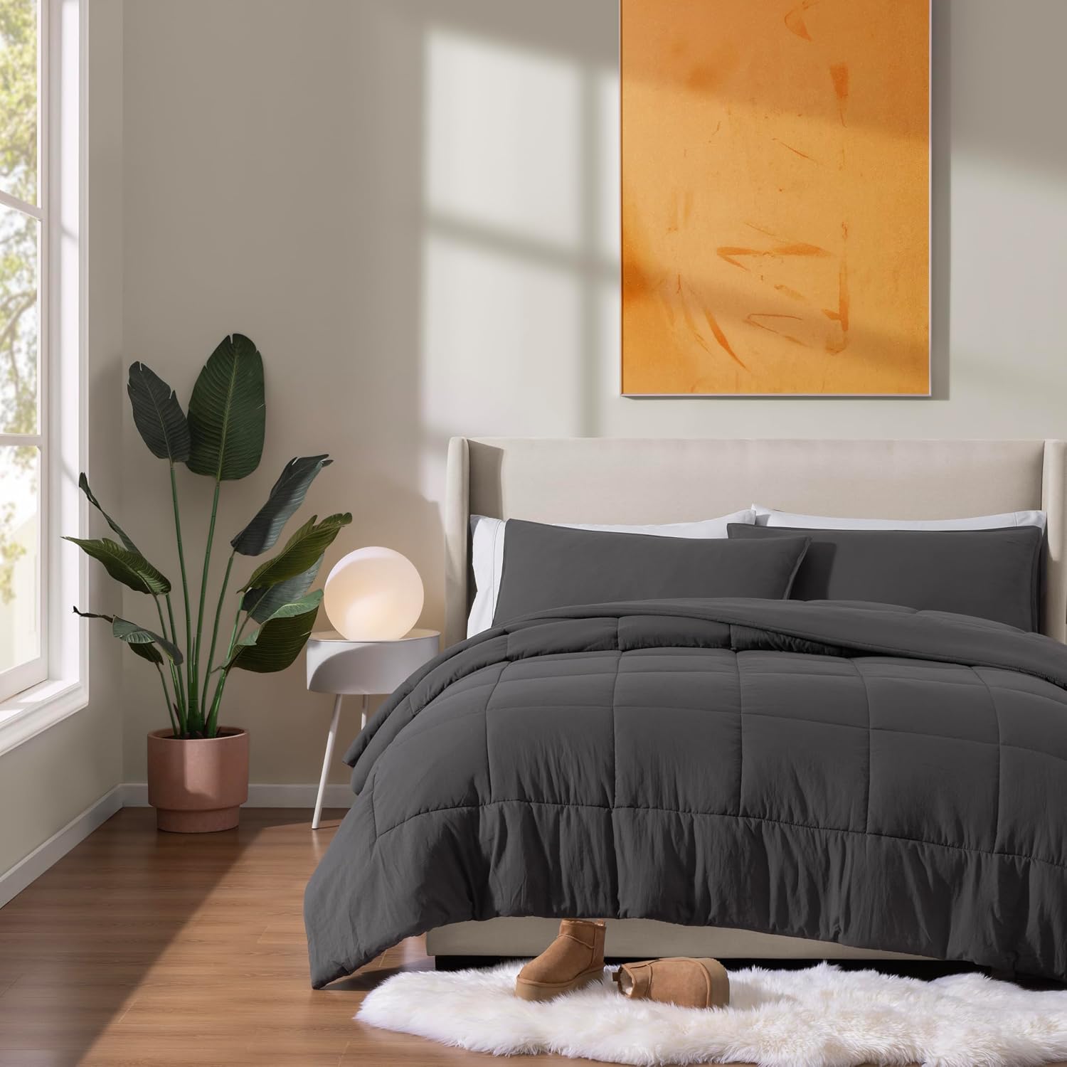 UGG Leonora Comforter Set with 2 Pillow Shams Lightweight Down Alternative Blanket Reversible Cozy Warm All Season Washable and Hypoallergenic Bedding Set, King, Charcoal Grey