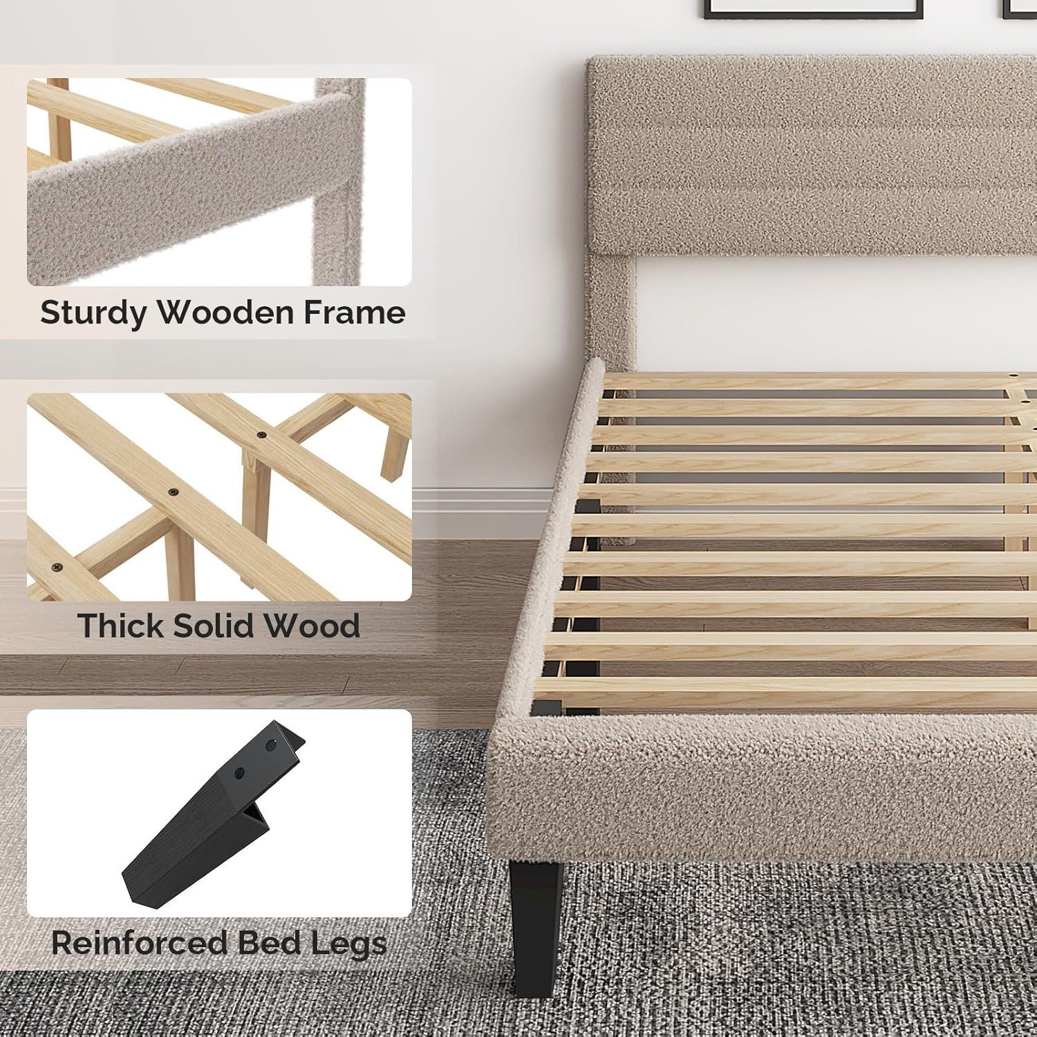 VINGLI Set of 2 Twin Bed Frames for Kids,Boucle Upholstered Platform Bed with Adjustable Headboard,Sturdy Wood Slats Support,Cloud Single Bed with Cream Design,Noise Free, Easy Assembly, Beige