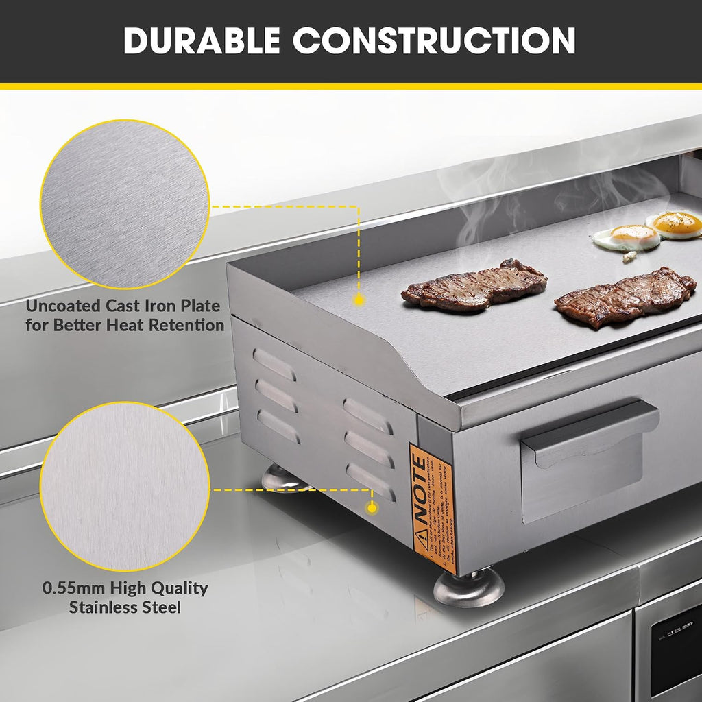 WeChef 22'Commercial Griddle 3000W Electric Countertop Griddle Non-Stick Flat Stainless Steel Adjustable Restaurant Grill Temperature Control Restaurant BBQ Grill